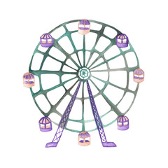 An illustration of a Ferris wheel painted in watercolor on a white background. Isolated circus, festival and amusement park element.