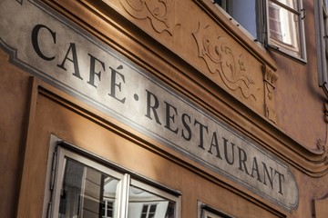 Cafe and restaurant inscription in Prague, Czech Republic