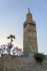 Fototapeta na wymiar Old minaret in jewish quarter Jerusalem near synagogue Hurva