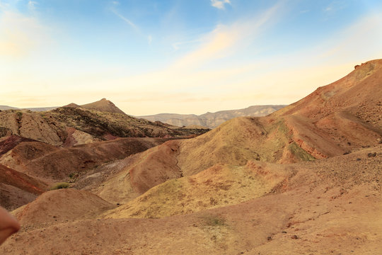 Panorama of mountains in Big Crater (HaMakhtesh HaGadol) in Israel