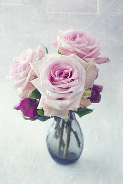 beautiful pink rose flowers in a vase on a vintage background