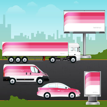 Template vehicle, outdoor advertising or corporate identity. Passenger car, truck, bus, billboard and citylight.