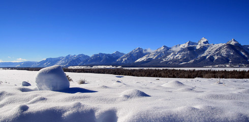 Grand Teton mountain range peaks in the Rocky mountains in the Grand Teton National Park in Wyoming USA during the winter of January 2011