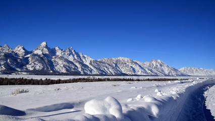 Grand Teton mountain range peaks and minarets in the Rocky mountains in the Grand Teton National Park in Wyoming USA during the winter of 2011