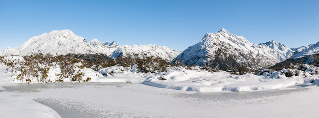 Panoramic view along the Routeburn track, Mount Aspiring N.P., New Zealand.