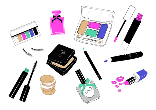 Instagram social media stickers and icons wirh make up. lipstick eye shadoe lash mascara liner hand drawn design elements for fashion beauty content 
