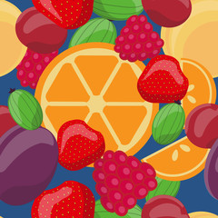 Vector seamless fruit pattern, Oranges, gooseberries, strawberries, plums, cherries, raspberries, apricots. Design for textile, fabric, greeting card, wrapping, menu, background