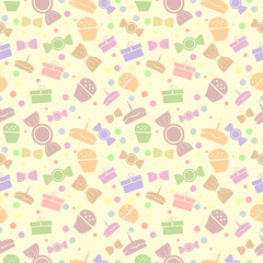 Seamless vector pattern. Chaotic pastel background with colorful sweets and gifts on the light yellow backdrop