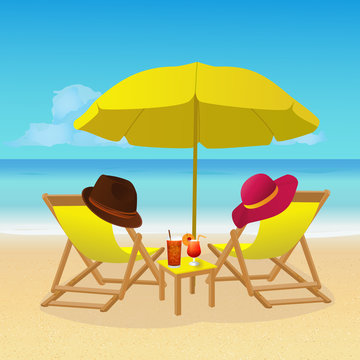 Two deck chairs with umbrella on idyllic tropical sandy beach. Summer background. eps 10 vector illustration