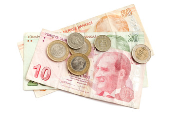Turkish money isolated on white  background