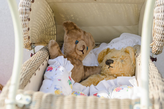England, Morecambe, 08/16/2015, Vintage by the sea weekend at the Midland Hotel. Retro teddy bears in a vintage wicker pram.