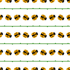 Obraz premium Seamless vector pattern with insects, symmetrical background with bright little ladybugs and branches, on the white backdrop