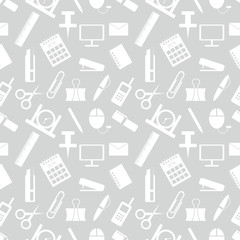 Seamless vector pattern. Pastel background with elements of office supplies on the grey backdrop