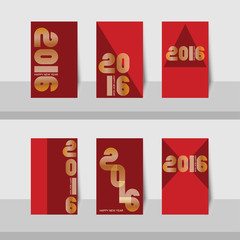 Set of vector small cards 2016 Gold retro stripe funky style numbers for Happy New Year celebration with red background.