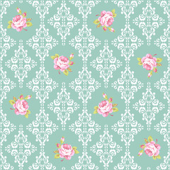Seamless Pattern with pink roses and damask elements