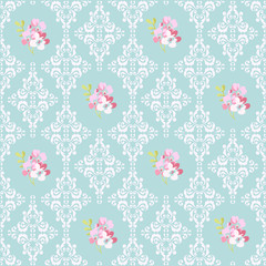 Fototapeta na wymiar Seamless Pattern with pink flowers and damask elements