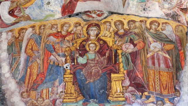 Zooming in on the ancient religious paintings at the interior walls of famous Sumela Monastery in Trabzon Turkey