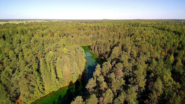 Aerial shot of the green forest in Antu Estonia. The green lake in the middle of the forest in Antu