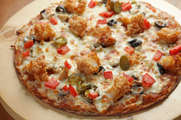 Prawn shrimp flat bread pizza closeup