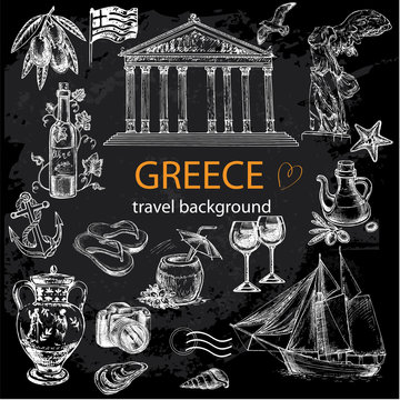 hand drawn travel set Greece on a black background