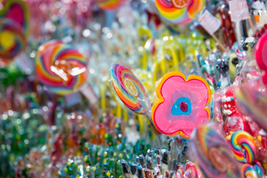 Colorful candies on a christmas market stand, shallow depth of field