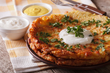 Rosti with sauce and parsley closeup on a plate. Horizontal 
