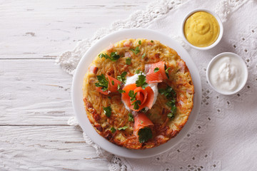 Potato pancakes with smoked salmon and sauce. Horizontal top view

