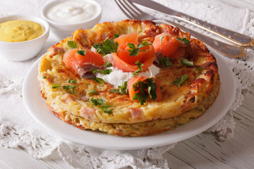 Swiss breakfast: Rösti with salmon on a plate close-up. horizontal
