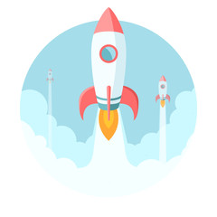 Fototapeta premium Rockets flying in the sky. Modern flat style startup illustratio