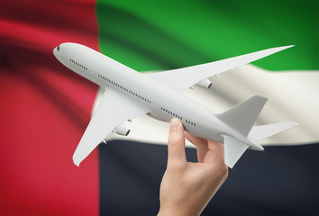 Airplane in hand with flag on background - United Arab Emirates