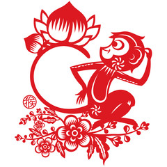 Monkey illustration in Chinese paper cut style, the stamp means year of monkey