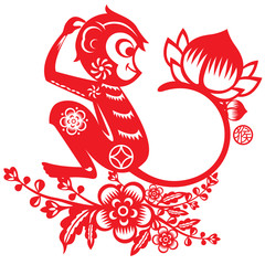 Monkey illustration in Chinese paper cut style, the stamp means year of monkey