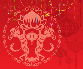 Double Monkey illustration in Chinese paper cut style, with red lanterns background
