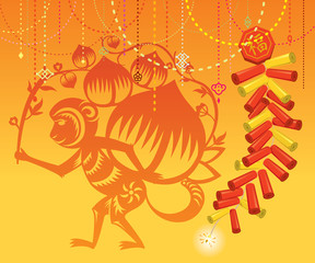 Chinese Monkey illustration with Firecrackers background