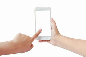Touch screen mobile phone in hand isolated on white background
