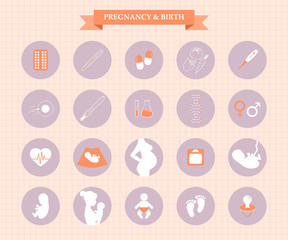 Pregnancy and birth icons set