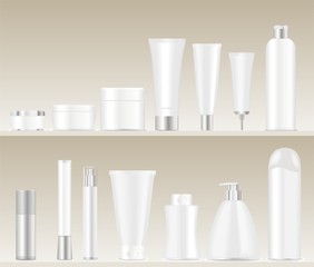 Cosmetic tubes on shelves.