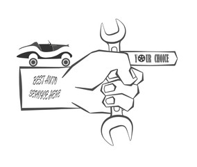 hand holds the instrument and shows to the service of repair of vehicles
  on a white background, advertising and store. vector illustration
