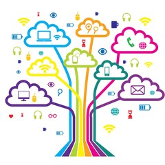 Naklejka premium Communication tree with clouds in the form of leaves. Web icon