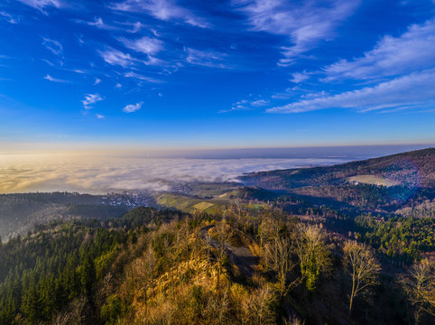 View from the Yburg to the Rhine valley in the middle the village Varnhalt_Baden-Baden_Germany