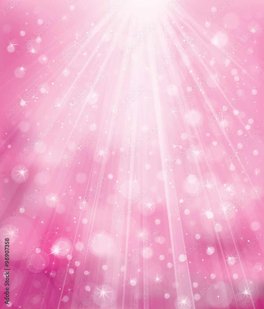 Wall mural vector sparkle pink background with rays, lights and stars.