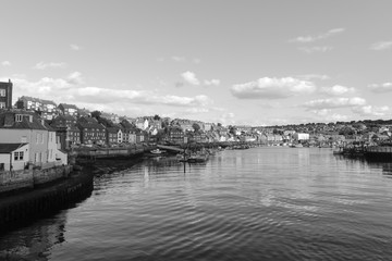 Whitby Harbour in Yorkshire. Black and white image.