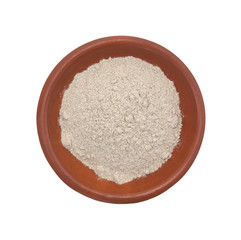 Brown gravy dry mix in bowl on white background