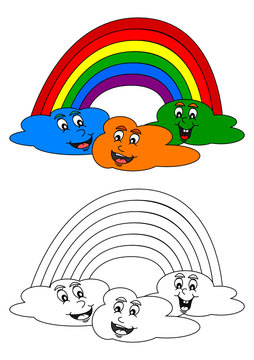Smiling colored clouds with a rainbow of color as a coloring book for young children - vector svg