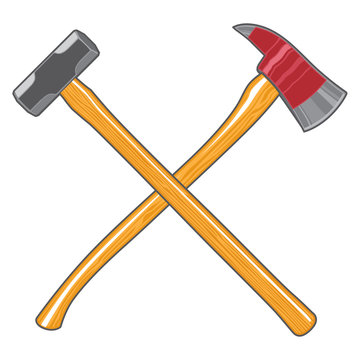 Firefighter Ax and Sledge Hammer is an illustration of a crossed firefighter or fireman’s ax and a sledge hammer.