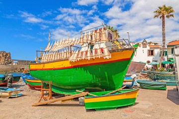 Fototapeta na wymiar Cat shark drying at colorful fishing boat, Camara de Lobos, Madeira