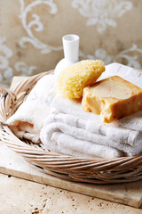 Bath towels and a handmade soap
