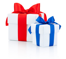 Two white gift box tied red and blue ribbon Isolated on white ba