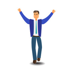 Cartoon character Business Man Excited Hold Hands Up Raised Arms