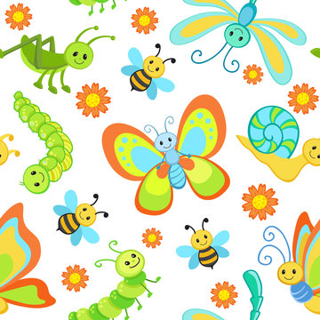 Cute seamless patterns with cartoon happy insects. 